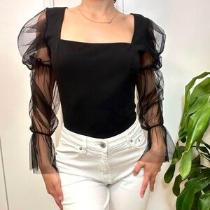 Black Mesh Puff Sleeves Party Top, size Small